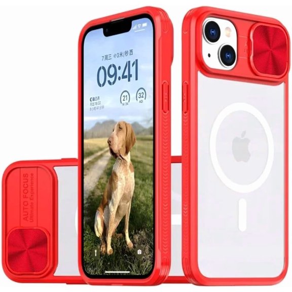 Slide Camera Lens Acrylic Magnetic Wireless Charging Case for iPhone 16 15 14 Plus 13 12 11 Pro Max Xr X S 7 8 Cover(for iPhone 14 Pro/Red)