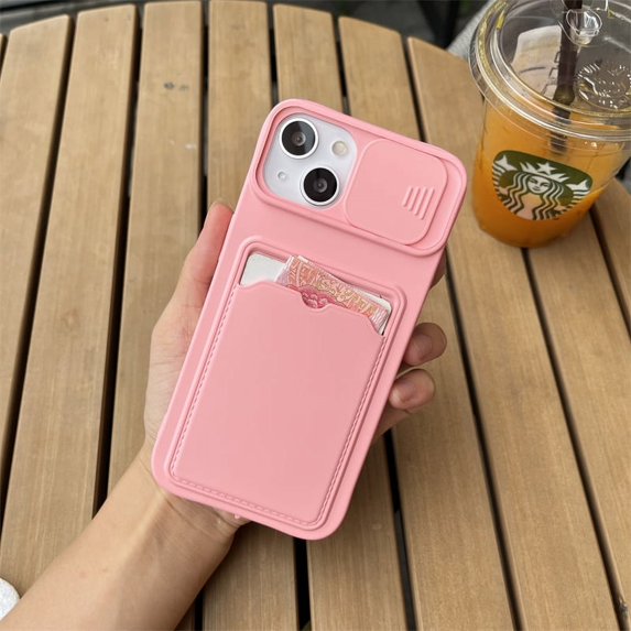 Slide Camera Protection Card Holder Wallet Phone Case For iPhone 15 14 13 Pro Max 12 11 X XR XS Max 7 8 Plus Soft Silicone Cover