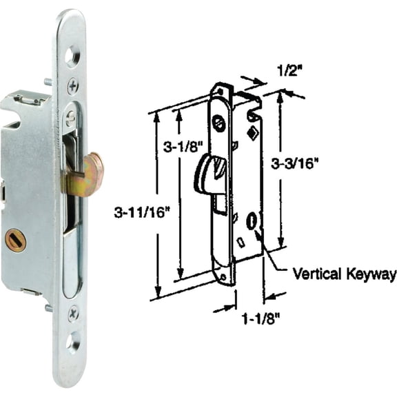 Slide-Co 153554 Mortise Lock, 4-5/8 In., Steel, 45 Degree Keyway, Round Faceplate, Spring-Loaded (Single Pack)