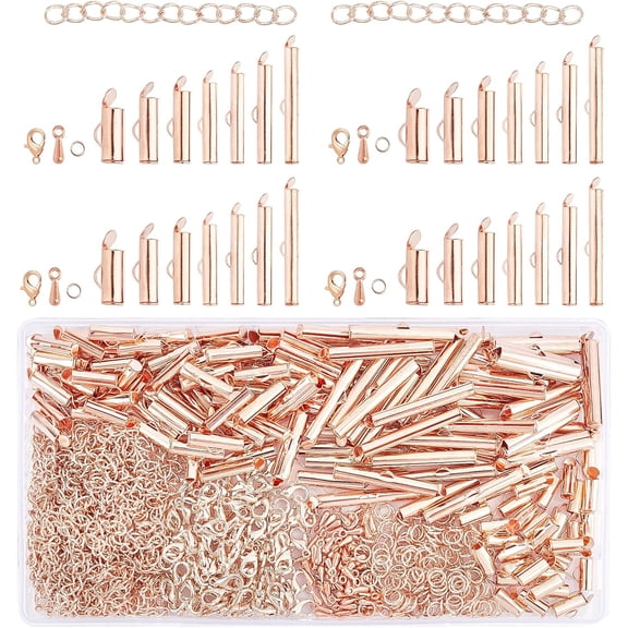 Slide On End Clasp Tubes DIY Jewelry Kits Include 6 Sizes Slider End Caps Crimp End Tube Lobster Claw Clasps Jump Rings Chain Extender and Teardrop Charms for Jewelry Making Gold
