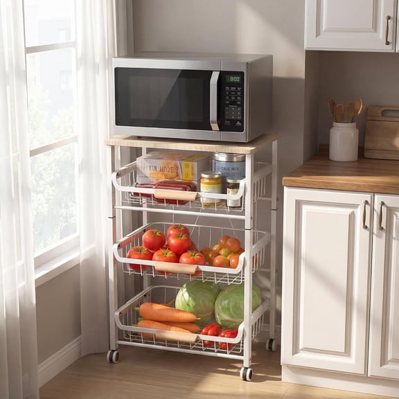 Slide Out Fruit Vegetable Basket for Kitchen, 4-Tier Rolling Storage Cart with Wooden Handle & Top, Metal Wire Produce Rack for Pantry Organization, Onion Potato Storage Bins for Small Space,White