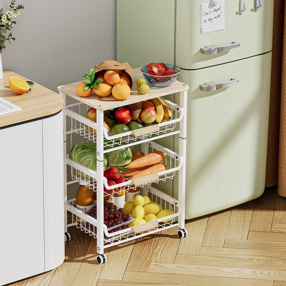 Slide Out Fruit Vegetable Basket, Rolling Storage Cart with Wooden Handle & Top, Metal Wire Produce Rack for Pantry Organization, Onion Potato Storage Bins, White