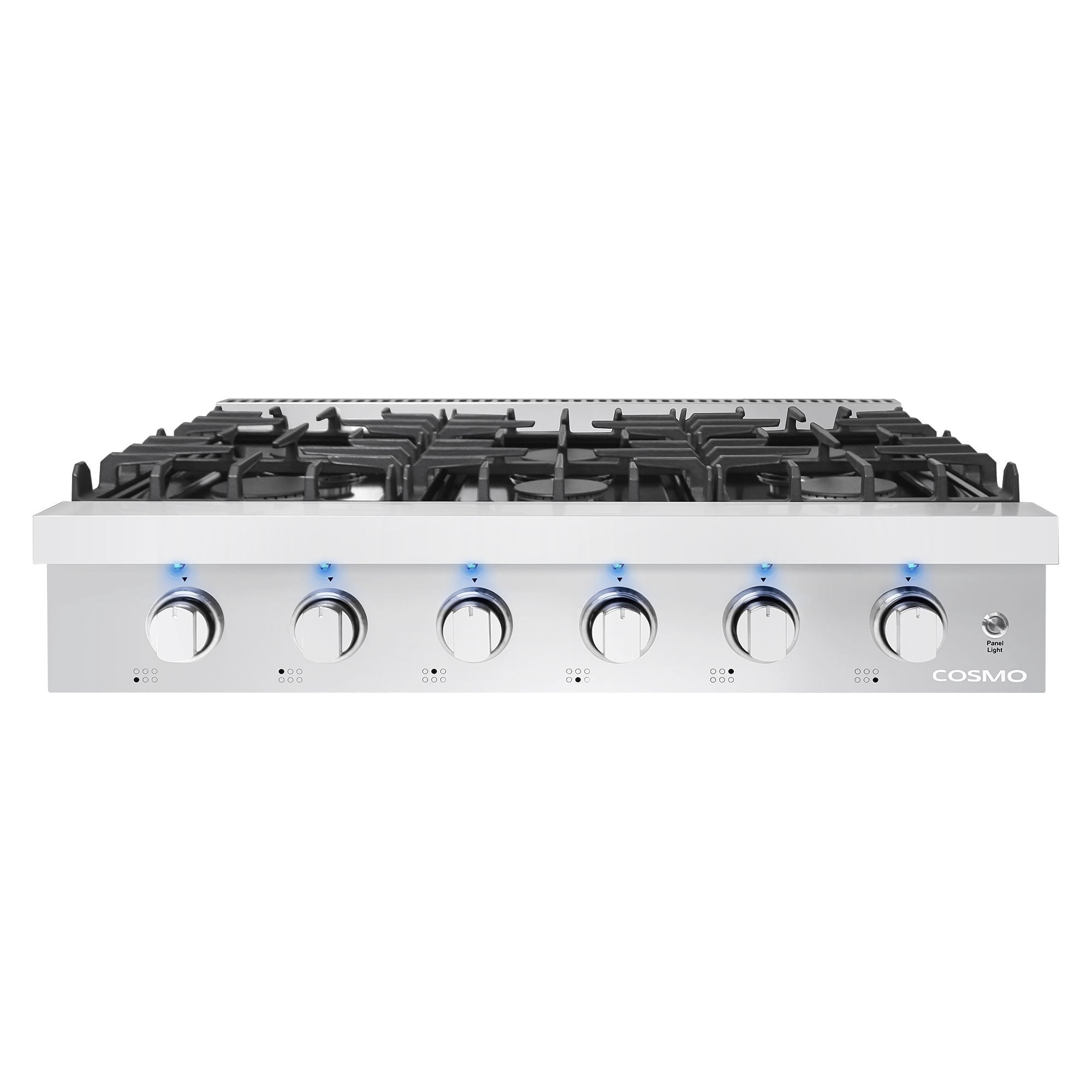 Slide-In Counter Gas Cooktop with 6 Sealed Italian Burners, Black Porcelain Surface, Cast Iron Grates, Metal Knobs in Stainless Steel
