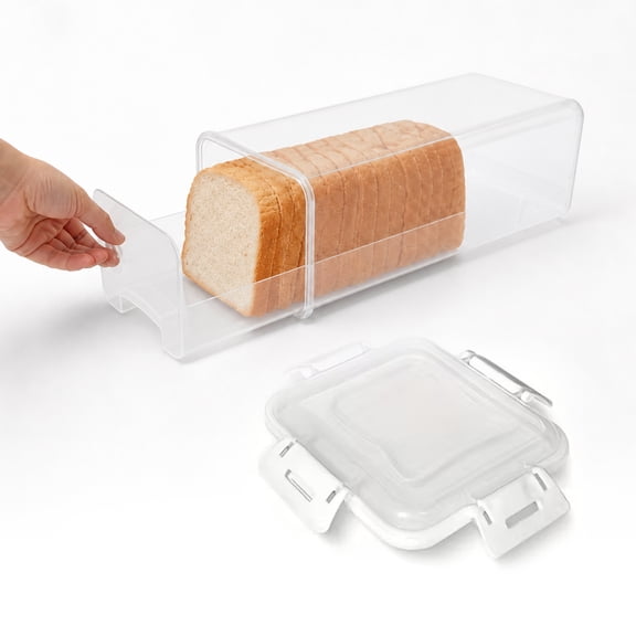 Slide-Out Bread Storage Container with Airtight Lid, Clear Plastic Bread Box with Drawer Tray for Sandwich Loaves, Bagels & Buns, 1355 in BPA-Free Bread Keeper for Counter, Pantry & Freezer