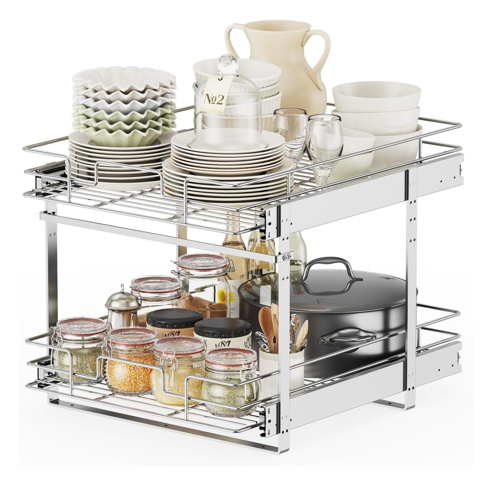 Slide Out Organizer for Kitchen, 2 Tier Pull Out Shelves