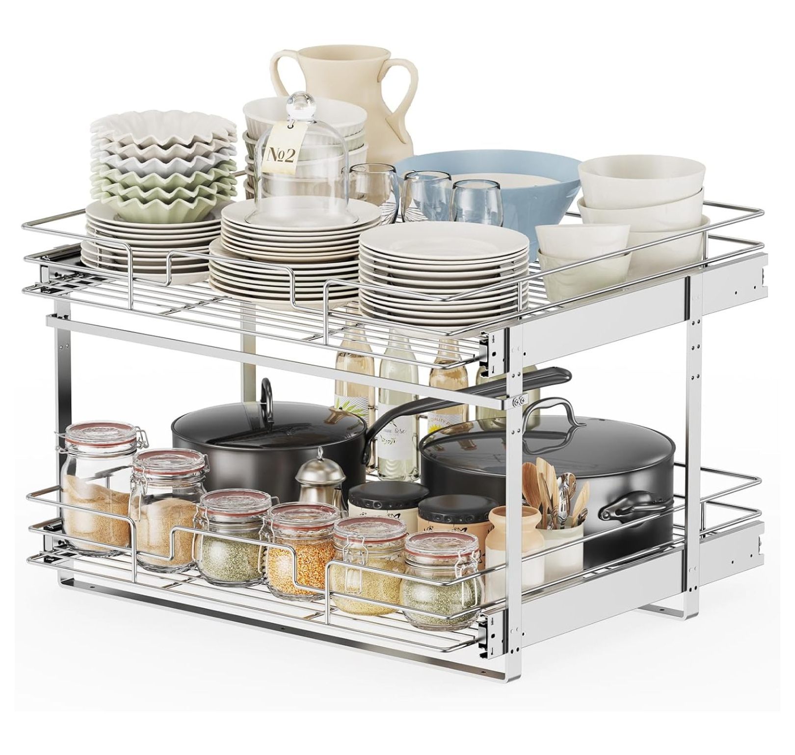 Slide Out Organizer for Kitchen, 2 Tier Pull Out Shelves