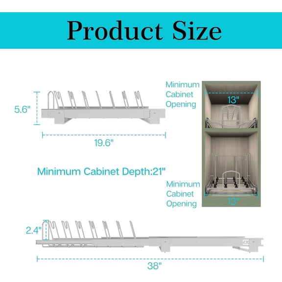 Slide Out Pan and Pot Lid Organizer For Under Cabinet, Wire Dividers Kitchen Pull Out Pot Lid Rack Organization And Storage, Full-Extension Rail, 12" W X 20" D