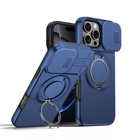 Slide Privacy Lens Phone Case for Apple iPhone 13 Pro Max / 12 Pro Max Built-in Magnetic Ring 360° Rotatable Metal Kickstand Hard PC Soft TPU Shockproof Protective Case