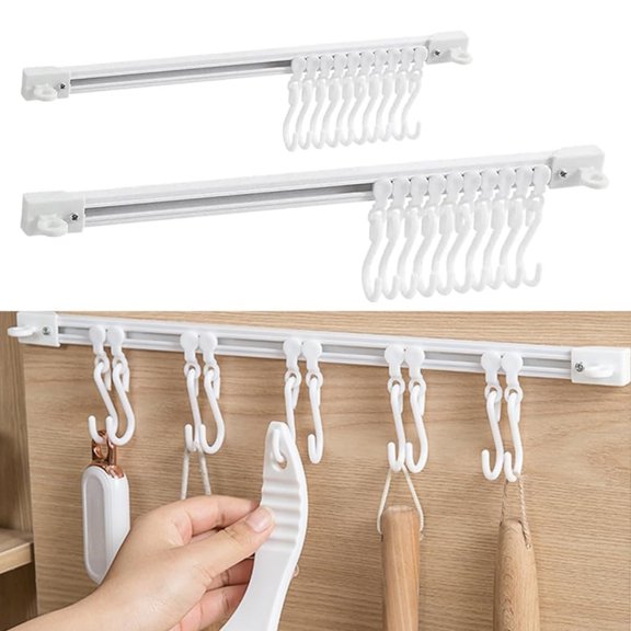 Slide Rail Hook 2 Sets Wall Mounted Sliding Hook Racks with 10 Hooks Adhesive Wall Hooks Rack No-Drill Plastic Rail Hangers for Bathroom Kitchen Bedroom Space-Saving 11.8 inch+15.75 inch
