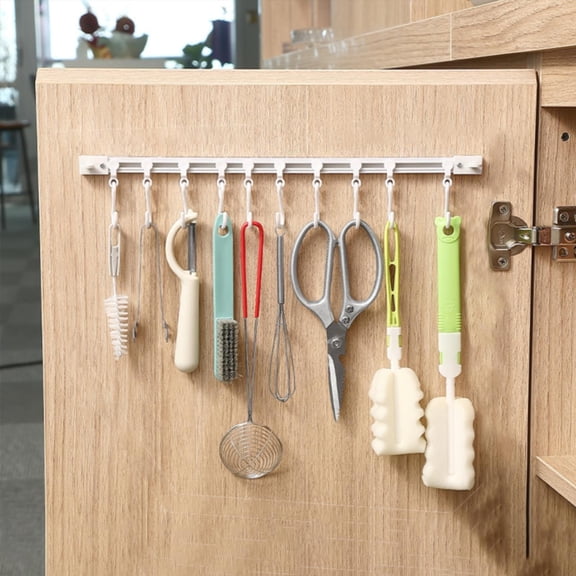 Slide Rail Kitchen Utensil Hooks - 10 Adjustable Hooks, No-Drill Adhesive, for Utensils, Towels, Tools - Sliding Track Design, for Kitchen, Bathroom, Bedroom