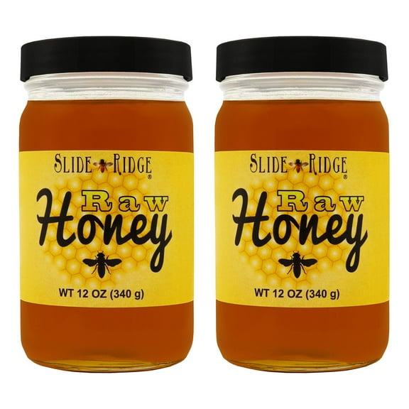 Slide Ridge Raw Honey 12 oz Glass Jar, All Natural & Unfiltered 2 Pack