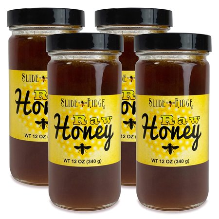 Slide Ridge Raw Honey 12 oz Glass Jar, All Natural & Unfiltered 4 Pack