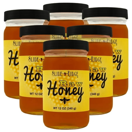 Slide Ridge Raw Honey 12 oz Glass Jar, All Natural & Unfiltered 6 Pack
