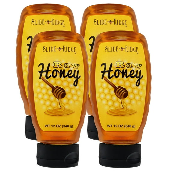 Slide Ridge Raw Honey 12 oz Squeeze Bottle, All Natural & Unfiltered 4 Pack