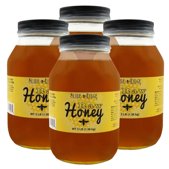 Slide Ridge Raw Honey 3 lbs Squeeze Bottle, All Natural & Unfiltered 4 Pack