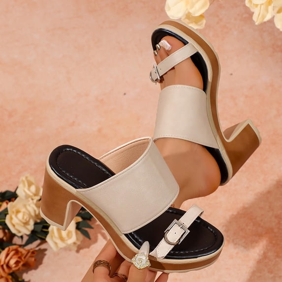 Slide Sandals Women Adjustable Buckle Flatform Block Heel Slip On Open Toe Casual Summer Dress Walking Shoes