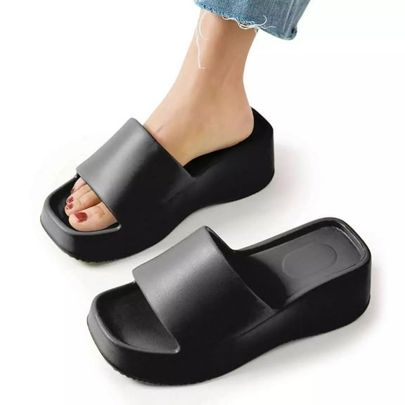 Stylish Women's Solid Color Sandals, Casual Square Toe High Heel Platform Slides, Comfortable Slip On Slippers