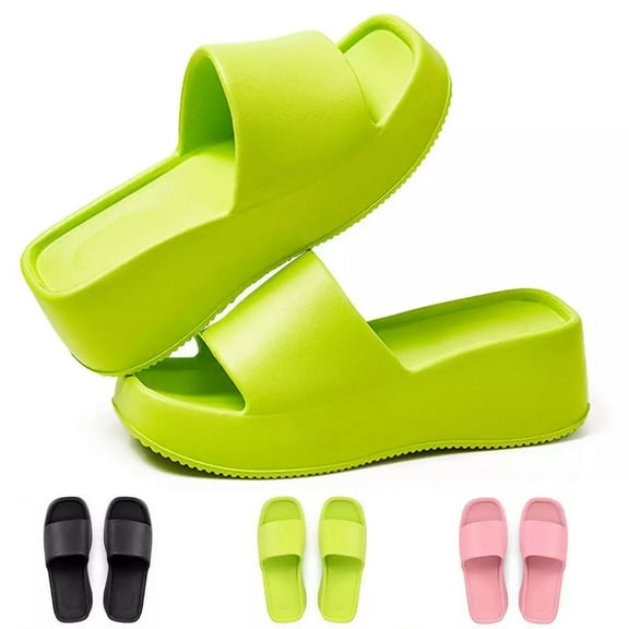 Stylish Women's Solid Color Sandals, Casual Square Toe High Heel Platform Slides, Comfortable Slip On Slippers