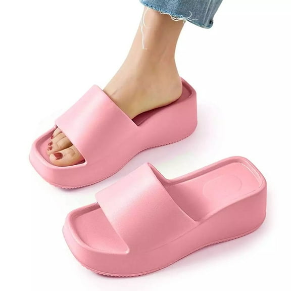 Stylish Women's Solid Color Sandals, Casual Square Toe High Heel Platform Slides, Comfortable Slip On Slippers