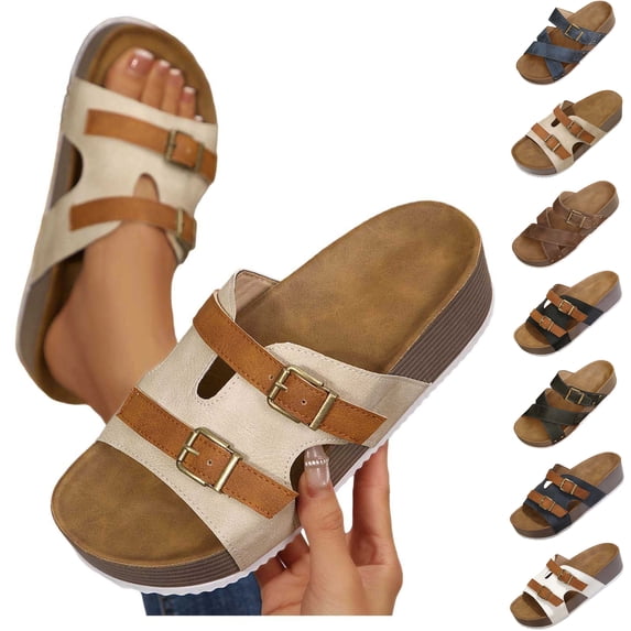 Slide Sandals for Women Plus-Size Wide Width Breathable Open Toe | Buckle Strap Beach Pool Slippers Thick Soft Sole, #1Beige-38