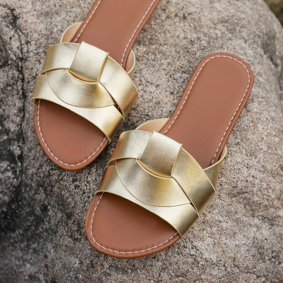 Zunfeo Slide Sandals for Women Slip on Beach Sandals 2025 Summer Casual Flat Shoes New Arrivals Gold 5.5