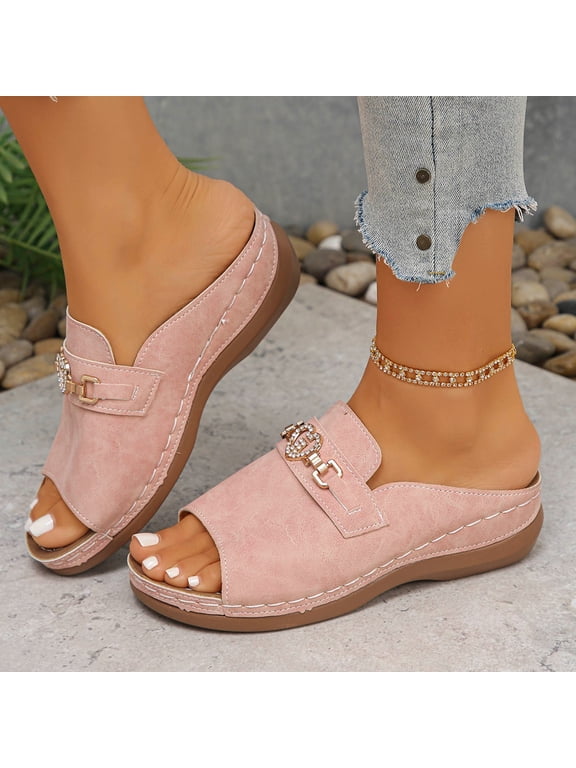Slide Sandals for Women Summer Plus-Size Shoes With Shiny Metallic Embellishments Comfortable Summer Slippers, Pink-36