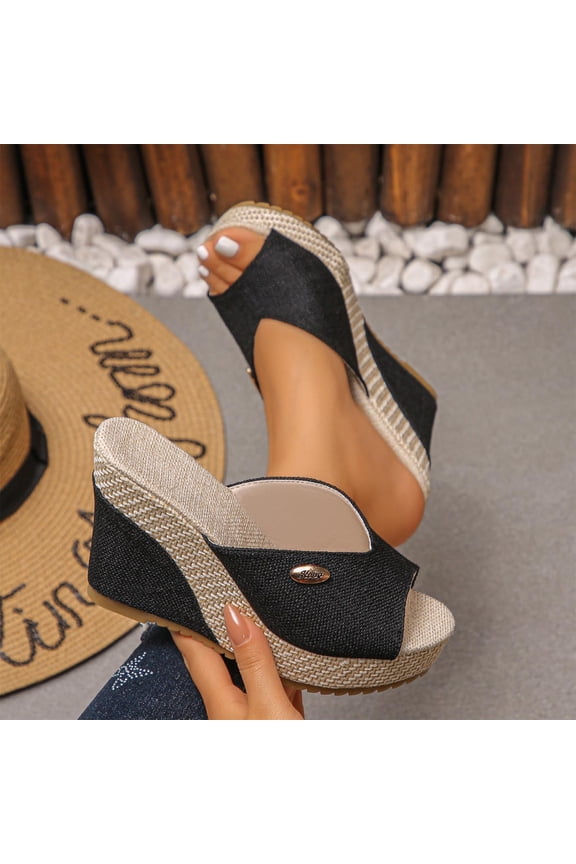 Slide Sandals for Women Summer Spring And Summe Round Toe High Heel Low Block Heels Shoes Beach Slippers, Black-36