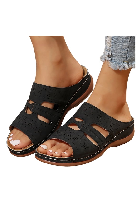 Slide Sandals for Women with Arch Support Trendy Cutout Summer Breathable Orthopedic Walking Shoes Casual Beach Shoes Black Size 9.5