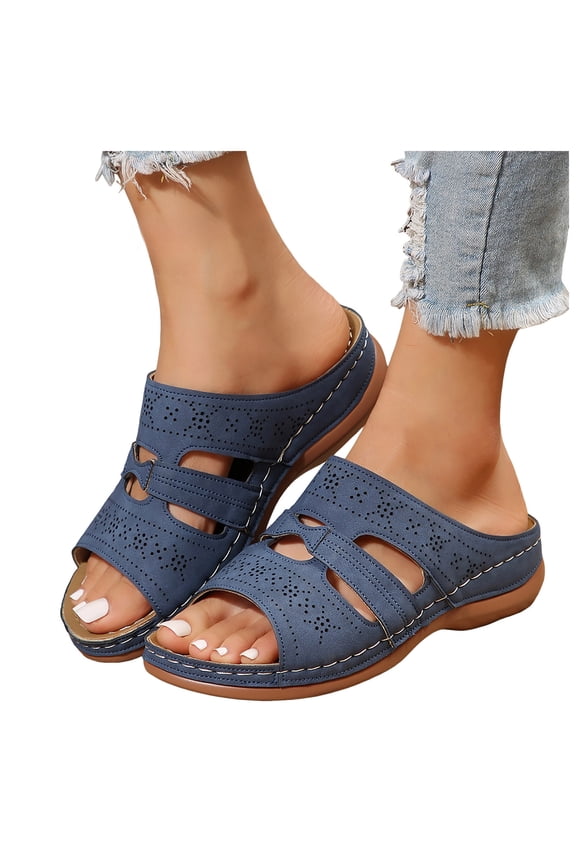 Slide Sandals for Women with Arch Support Trendy Cutout Summer Breathable Orthopedic Walking Shoes Casual Beach Shoes Navy Size 9.5