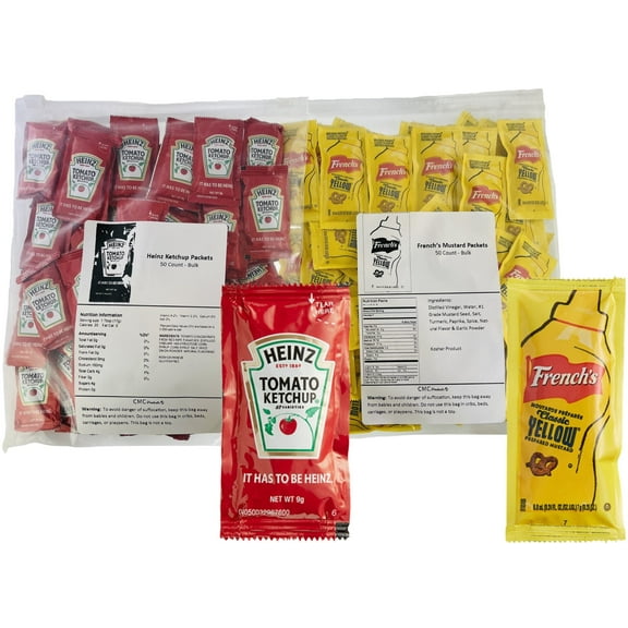 Slide Seal Bag of 200 Total Heinz Ketchup & French's Mustard Condiment Packs - 100 Single Serve Packets of Each