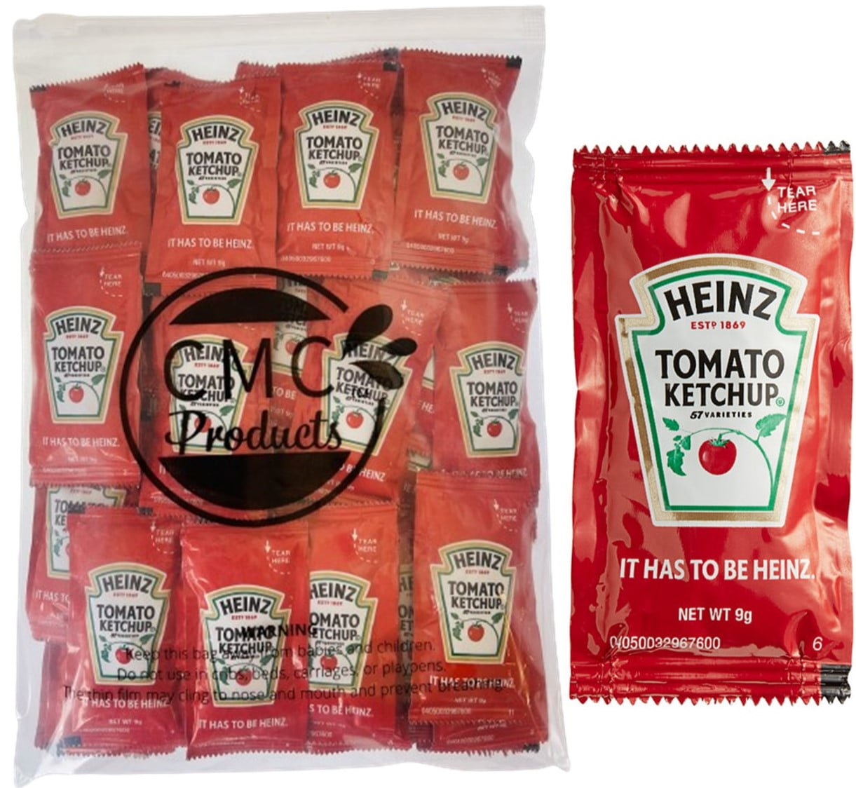 Slide Seal Bag of 50 Heinz 9g Ketchup Condiment Packs Ketchup w