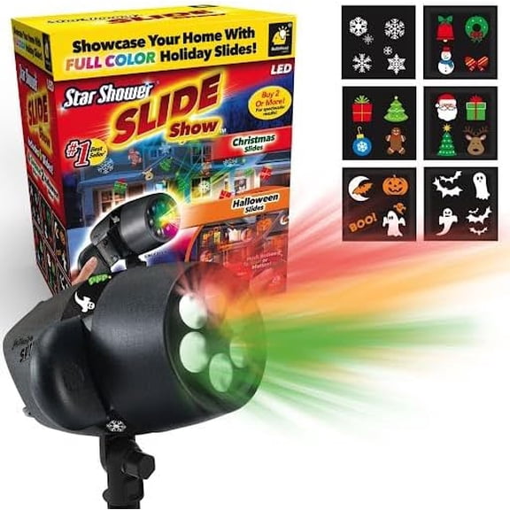 Slide Show Full Color Projector Multi Purpose with 4 Christmas & 2 Halloween Slides Included. Weather-Resistant, Decorate for Holidays Quick & Easy.