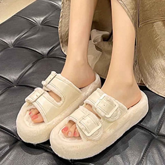 Slide Slippers Women Fluffy Fuzzy Flatform Open Toe Fall Indoor Daily Shoes Beige 5