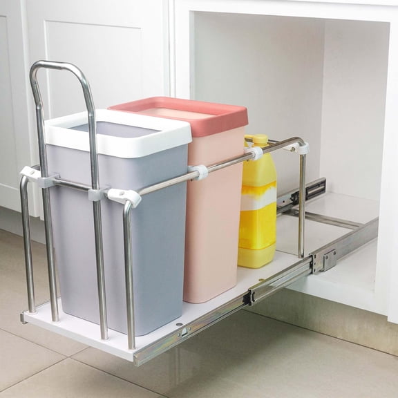 Slide Out Trash Can Holder Under Kitchen Cabinet, Heavy Duty Pullout Waste Container with 3 Adjustable Compartments for Waste & Recyclables, Wooden Base with Soft Close Slides