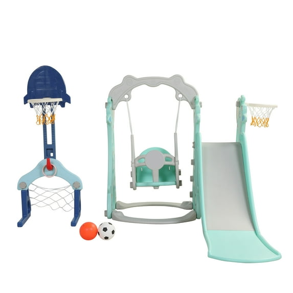Slide and Swing Playing Set, Toddler Extra-Long Slide with 2 Basketball Hoops, Football, Gray Green