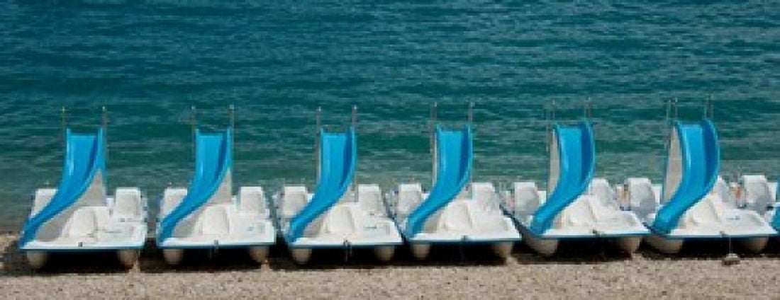 Slide boats on beach Lac de Sainte Croix Alpes-de-Haute-Provence Provence-Alpes-Cote dAzur France Canvas Art - Panoramic Images (30 x 12)