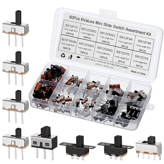 Slide switch small switch, 80 pieces micro slide switch 8 position micro mini slide switch set slide switch group 12 switch 2 position 3 pin small vertical panel mount knob