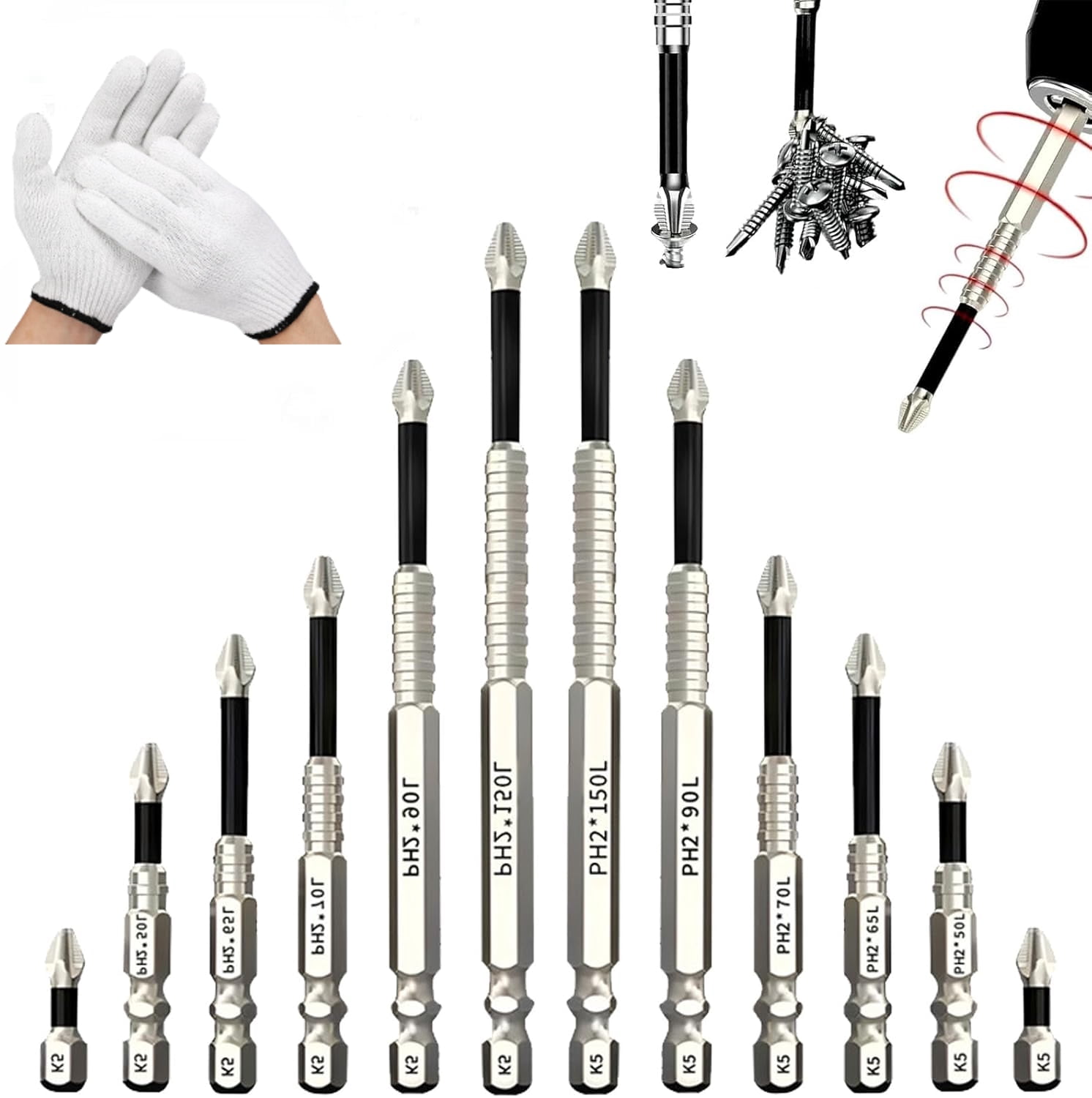 Slideach 6-Piece High-Magnetic Screwdriver Bit Set – Rust-Resistant Alloy Steel, Anti-Slip Teeth, Torsion Flex Design – 50/65/75/100/120/150mm – For Impact Drivers, Drills, And DIY Projects