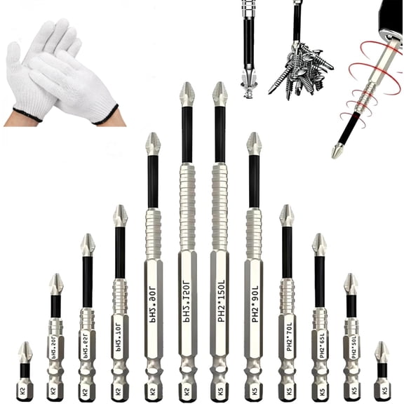 Slideach Magnetic Screwdriver Bits, Universal Lifesparking Screwdriver Bits, High Magnetic Driver Drill Bit Set 25 50 65 70 75 90 100 120 150mm (2 SET B (25+50+65+70+90+150))