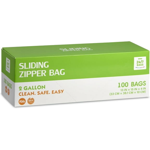 Slider Food Storage Bags, 2 Gallon, 100 Count, BPA-Free, Expandable, Leak Proof