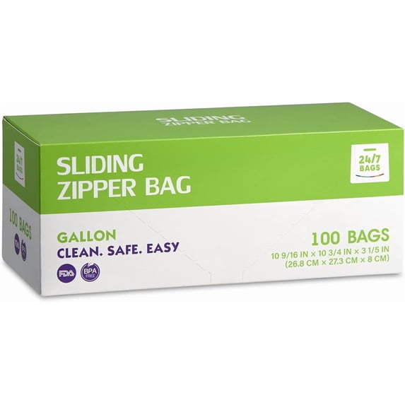 Slider Food Storage Bags, Gallon 100 Count, BPA-Free, Expandable Bottom