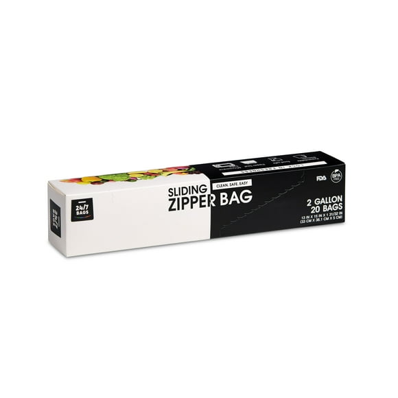 Slider Jumbo Food Storage Bags, 2 Gallon, 20 Count, Expandable Bottom, Writable Rectangle, Heavy  Duty