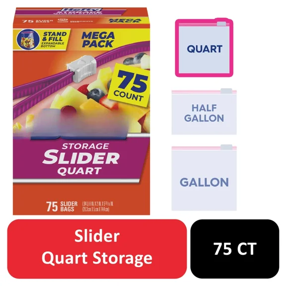 Slider Kitchen Storage Bags, Quart Size, 75 Count