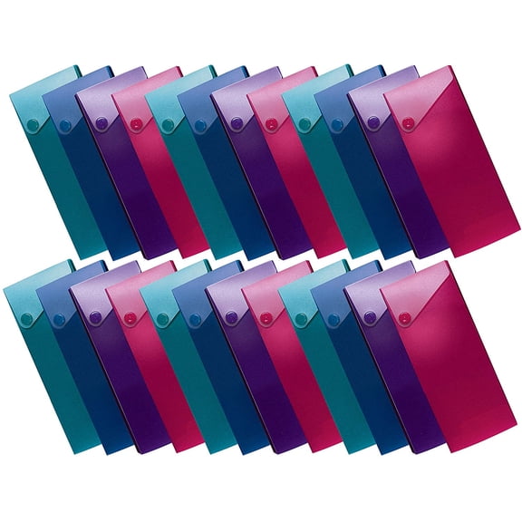 Slider Pencil Case, Box of 24, Semi-Rigid Poly Plastic with Button Snap Closure, Assorted Colors,