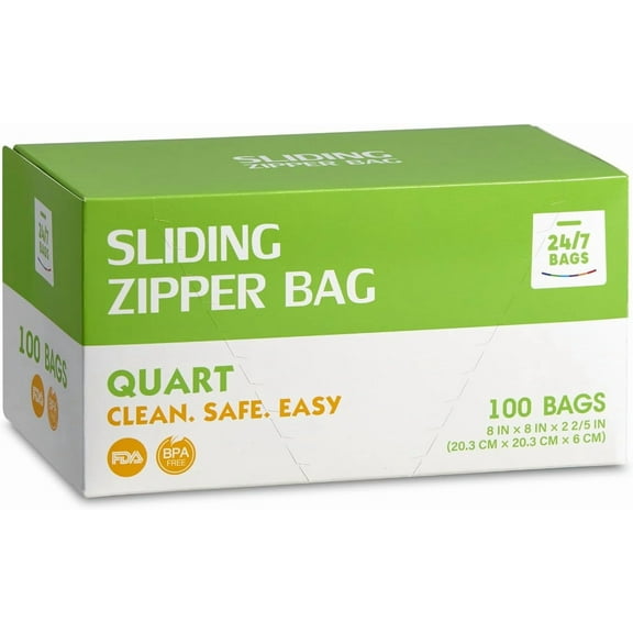Slider Food Storage Bags, Quart, 100 Count, BPA-Free, Expandable, Leak-Proof
