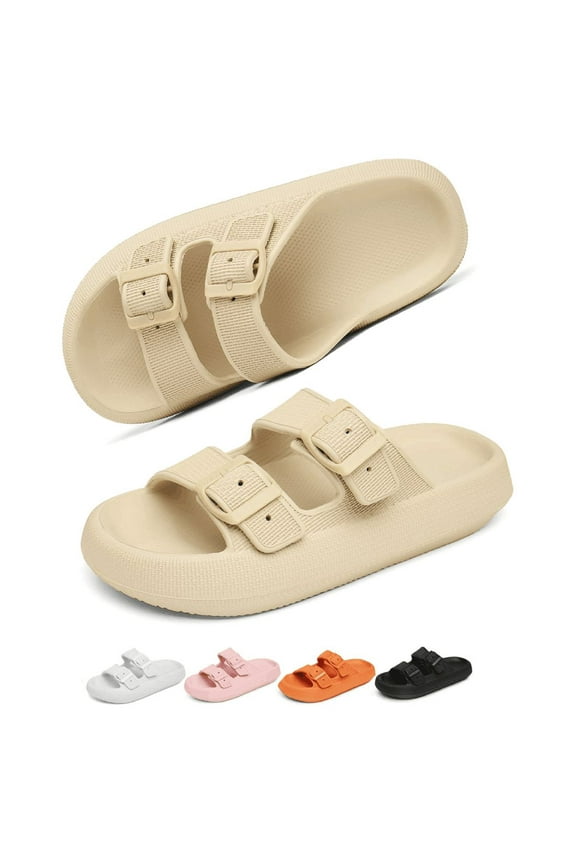 Slides Sandals Women Men Cloud Slippers Adjustable Buckles House Shower Shoes Cushion Soft Comfort, Beige