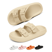 Slides Sandals Women Men Cloud Slippers Adjustable Buckles House Shower Shoes Cushion Soft Comfort, Beige