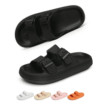 Slides Sandals Women Men Cloud Slippers Adjustable Buckles House Shower Shoes Cushion Soft Comfort, Black