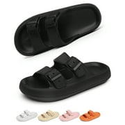 EV SPACES Slides Sandals Women Men Cloud Slippers Adjustable Buckles House Shower Shoes Cushion Soft Comfort, Black