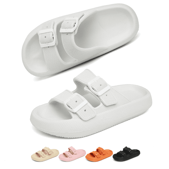 Slides Sandals Women Men Cloud Slippers Adjustable Buckles House Shower Shoes Cushion Soft Comfort, White